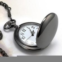 Fashion Black Shell White Dial Quartz Mens Pocket Watch Chain