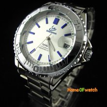 Fashion Blue Markers Stainless Steel Automatic Mechanical Calendar Men Watch