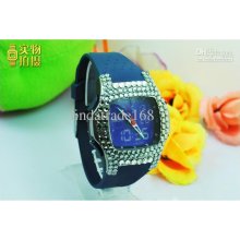 Fashion Diamond Crystal Deep Blue Led Watch Silicone Belt Digital Qu