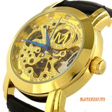 Fashion Gold Plated Hollow Skeleton Men Women Automatic Mechanical Wrist Watch