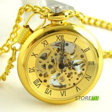 Fashion Golden Visible Skeleton Hand-winding Mechanical Open-face Pocket Watch