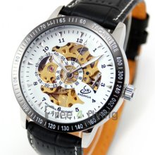 Fashion Hollow Skeleton White Automatic Mechanical Brown Leather Men Gift Watch