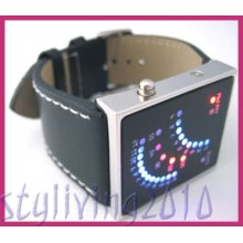 Fashion Leather Blue Red Led Mens Lady Wrist Watch