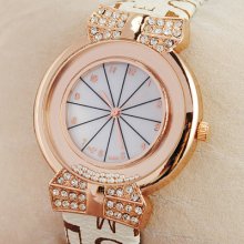 Fashion Letter White Pu Leather Girls Lady Quartz Watches Crystal Rose Golden