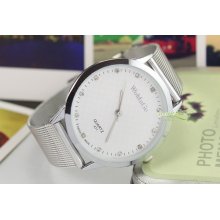 Fashion Mens Quartz Thin Wrist Watch Diamonds White Dial Silver Steel