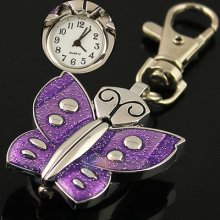 Fashion Metal Women Girls Butterfly Pendant Quartz Keychain Pocket Watch Clock