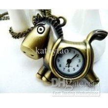 Fashion Vintage Bronze Trojan Horse Pocket Watch Necklace,gift Watch