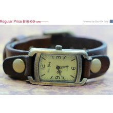 Father Day Gift Womens Dark Leather Watch with Brass Accents and fittings. Man or womans wrist watch mens watch square