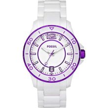 Fossil White Ceramic Beautiful Women's Watch W/ Purple Accents Luminous Hands