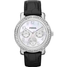 Fossil Women Leather Band Soft M Of Pearl White Face Bling Bezel Es2969