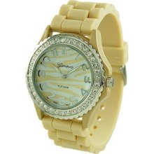 Geneva Beige Zebra Face Silicone Rubber Jelly Watch With Crystals Rhinestone