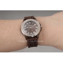 Geneva Platinum Silicone Rhinestone Watch - Large Brown