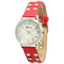 Geneva Red Stones & Studs Leather Fashion Designer Rhinestones Stylish Watch