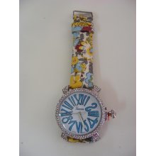 Geneva White Leather Background Yellow Blue Flower Strap Quartz Watch White Gold Blue