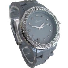 Geneva Women's Acrylic Watch..ceramic Look..double Crystal...gray...free Gift