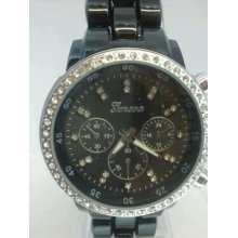 Geneva Women's Designer Watch Black Acrylic Band Black Face With Rhinestones