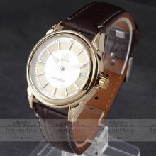 Gentle Men Auto Mechanical Wrist Watch Analog Brown Pu Leather Calendar Hour