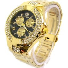 Gold 3d Geneva Designer Style Crystal Bezel Women's Watch