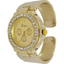 Gold Cuff Bangle Bracelet Crystal Bezel Women Geneva Watch