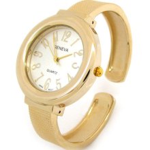 Gold Geneva Mesh Style Band Large Dial Women's Bangle Cuff Watch