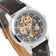 Gold Hand Auto Skeleton Mechanical Brown Pu Leather Band Men Casual Wrist Watch