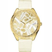 Gold-tone Floral Dial Ladies' Guess Watch W95061l2 Leather Strap