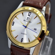 Golden Dial Quartz Hours Water Brown Leather Date Men Male Wrist Watch Luxurious