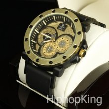 Golden Finish Dial 12 Screw Face Classy Trendy Cool Hip Hop Watch Silicone Band