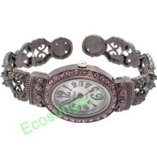 Good Bangle Quartz Watch w/ Crystal Beads Ellipse Shape Sooty & Purple