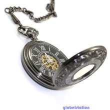 Gorgeous Vintage Gray Steampunk Skeleton Mechanical Pocket Watch With Chain