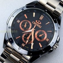 Grand Elegant Luxury Black Gold Stainless Steel Men Quartz Analog Wrist Watch