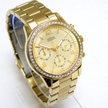 Guess Crystals Gold Face Analog Chronograph Ladies Gold Watch