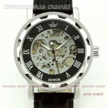 H008 - Hot Fashion Skeleton Black Strap Men Mechanical Hand-winding Wrist Watch