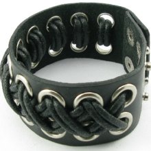 H994 Ring+woven Rock Black Leather Men/women Double Button Wristband Cuff