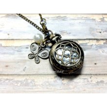 Handmade Vintage Pocket Watch Necklace Antique Bronze With Butterfly Charm