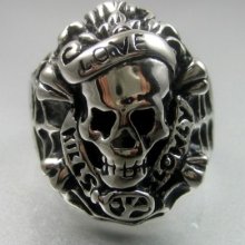 Heavy Love Kills Slowly Stainless Steel Skull Mens Ring