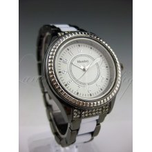 Henley Ladies Diamond Cut Large Round Case Bracelet Watch Gun Metal & White