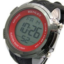 Henley Mens Big Digital Watch Light Stopwatch Black Silicone Strap 331