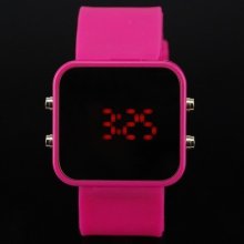 Hot Pink Colored Watcband Girl's Watch Quartz Watch Square Shape Dial Red Led