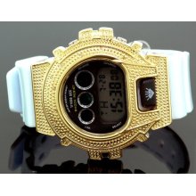 Ice Plus Mens Diamond Shock Style Watch Yellow Case White Band