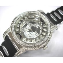 Iced Out Bling Bling Big Case Globe Dial Rubber Band Men's Watch Silver