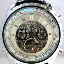 Jaragar Luxury Swiss Men Leather Mechanical Skeleton Tourbillion Dat