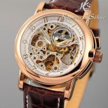 Ks Skeleton Automatic Mechanical White Dial Brown Leather Men Sport Wrist Watch