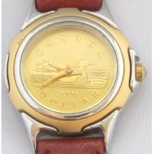 Ladies' Canadian Dollar Quartz Watch Two Tone Casing Tan Leather Strap