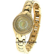 Ladies Dkny 4400 Gold Tone Crystal Bezel Mother Of Pearl Round Dial Watch