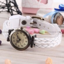 Ladies Fashion Weave Wrap Around White Leather Bronze Case Bracelet Watch Usts