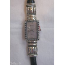 Ladies Geneva Watch- Etched Square Bezel And Leather Band W/ Brighton Tin