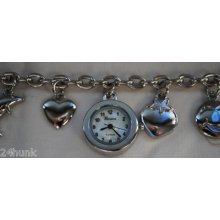 Ladies Geneva Watch Stainless Steel Charm Bracelet W/ Brighton Tin Included