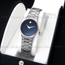 Ladies Movado Strato Sapphire Black Dial Stainless Steel Swiss Watch 0605609