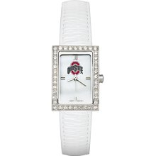 Ladies Ohio State University Watch with White Leather Strap and CZ Accents